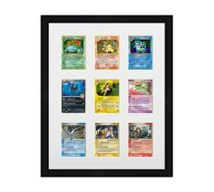 the pokemon trading cards are displayed in a black frame