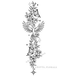 an artistic tattoo design with flowers and butterflies on it's side, in the shape of a cross