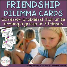 Use friendship activity task cards to teach social skills and friendship skills to upper elementary students during individual counseling and group counseling sessions. Friendship dilemmas inevitably arise at the elementary school level, especially among 3rd, 4th, and 5th grade students, when there is a group of 3 friends. These problems occur most often at lunch, recess, and on the bus. Help your students anticipate problems that could arise in a group of 3+ friends with a fun set of 16 friends Friendship Lessons Elementary, Group Of 3 Friends, Teaching Friendship, Friendship Activity, Friendship Issues, Friendship Lessons, Friendship Skills, Friendship Activities, Social Skills Lessons