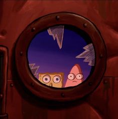 a cartoon character looking through a porthole window