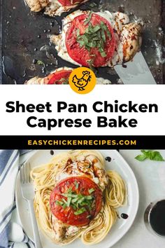 sheet pan chicken caprese bake on a plate with spaghetti and tomato sauce