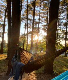 a person sitting in a hammock with the sun shining through the trees