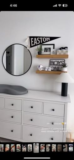 a white dresser topped with lots of drawers and a mirror on top of it's side