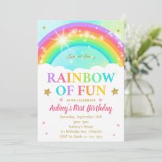 a rainbow birthday party card with the words rainbow off fun on it and stars in the sky