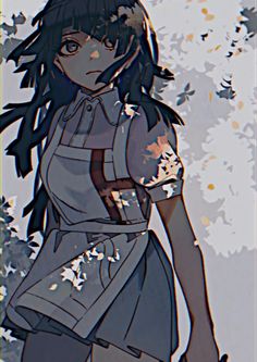 a drawing of a girl with black hair and blue eyes standing in front of a tree