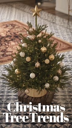 a small christmas tree sitting on top of a wooden crate in front of a rug