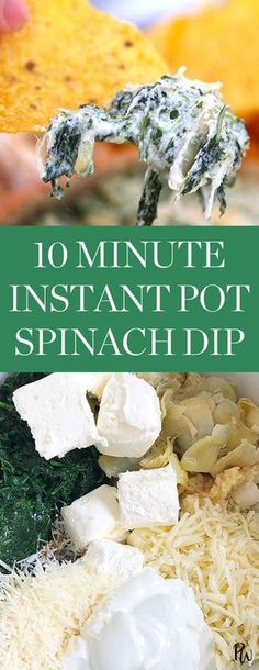 spinach dip in a white bowl with text overlay reading 10 minute instant pot spinach dip