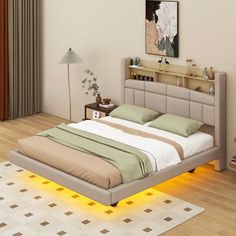 a bed that has some lights on it