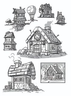 some houses and hot air balloons are drawn in the style of doodles on paper