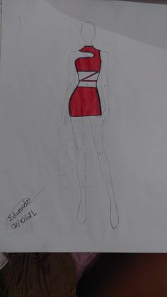 a drawing of a woman in a red dress