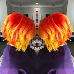 This fiery orange to bold yellow balayage gives me life. #pulpriotisthepaint #vividhair #vivalavivids #orangehair #yellowhair #balayage #thatblendtho #aperfectimagesalon #nofilter Red Orange Yellow Hair Short, Fall Color Pixie Hair, Red To Yellow Hair, Red And Yellow Hair Color, Orange Roots Purple Hair, Red To Yellow Ombre Hair, Fire Hair Short, Yellow Orange Hair Color, Fire Colored Hair