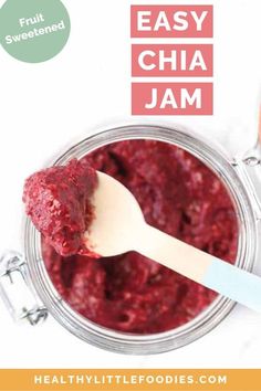 a spoon full of jam with the words easy chia jam on it