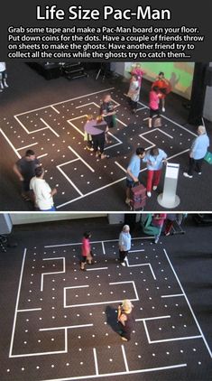 two pictures of people standing in front of a black and white floor with squares on it