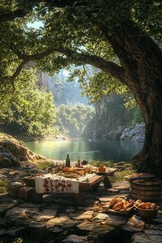 an outdoor picnic with food and drinks on the ground next to a river under a tree