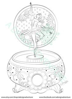 a drawing of a ballerina dancing on top of a water fountain with an ornate design