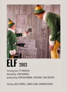 an advertisement for the elf movie starring with two men in green and yellow outfits looking at each other