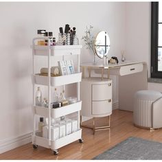 a white shelving unit with lots of beauty products on it and a mirror in the corner