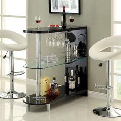 Numbi CM-BT8333-BK Black/Chrome Contemporary Mini Server By Furniture Of America - sofafair.com Ideas De Mini Bar, Bars Design, Wine Glass Hanger, Modern Home Bar, Small Bars, Home Bar Furniture, Entertainment Area, Tempered Glass Shelves, Mini Bars