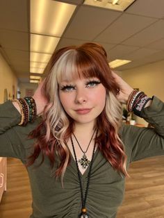 Hair Color Idea With Bangs, Blonde And Colored Hair Ideas, Hair Styles For Split Dyed Hair, Half Brown Half Blonde Hair Split With Bangs, Chunky Highlights Colorful, Red Block Coloring Hair, Split Hair With Bangs, Two Color Hair Dye Ideas With Bangs, Block Color Curly Hair