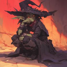 a painting of a witch sitting on the ground with her hands to her face and looking at something