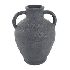 a gray vase with handles is shown on a white background