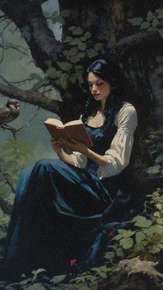 a painting of a woman sitting on a tree branch reading a book with a bird in the background