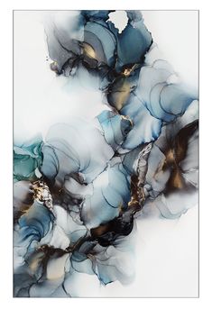 an abstract painting with blue, black and gold colors on it's surface is featured in this image