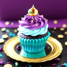 a cupcake with purple and blue frosting on a gold plate surrounded by confetti