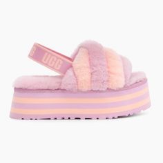 Featuring Cozy Striped Fluff And Retro-Style Platform Soles, The Ugg Disco Slide Stands Out With Ease. A Fun Statement Slip-On, This Head-Turning Silhouette Is Crafted With A Logo-Embellished Elastic Backstrap, Premium Sheepskin, And Our Ultra-Soft Uggplush Wool Blend. The Elevated Sole Is Made From Layered Eva Foam, Offering All-Day Cushioning, Indoor-Outdoor Versatility, And A Leg-Lengthening Look. Wear Yours With Boyfriend Jeans, Midi Dresses, Or Track Pants And A Colorful Tee. 10mm Sheepskin Groovy Accessories, Ugg Platform Slippers, Ankle Cuff Heels, Ugg Platform, Trendy Things, Cute Uggs, Slippers Platform, Striped Slippers, Platform Slide Sandals