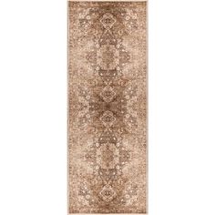 a beige and brown rug with an intricate design on the bottom, in front of a white background