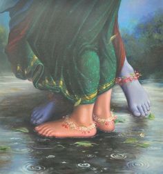 a painting of a woman's feet in the water wearing sandals and bracelets