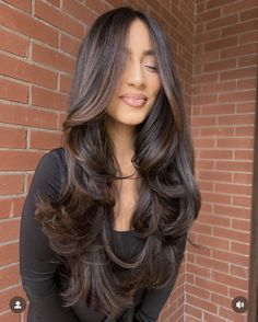 Brown Babylights On Black Hair, Chocolate Brown Hair With Long Layers, Voluminous Curls Medium Length, Chocolate Brown Balayage Curly Hair, Dark Chocolate Balayage Black Hair, Espresso Highlights On Dark Hair, Chocolate Brunette Balayage, Dramatic Layers Long Hair, Dimensional Black Hair