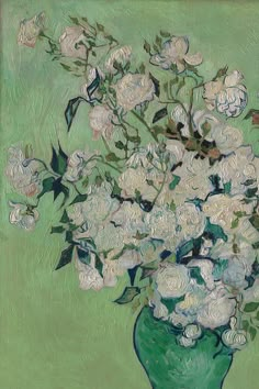 a painting of white flowers in a green vase