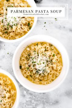 three bowls of parmesan pasta soup on a marble countertop with text overlay