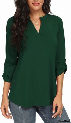 Olivia Mark - Relaxed and Casual Nine-sleeve Blouse for a Stylish Appeal Sleeve Stencil, Casual Blouse, Cheongsam, Deep Green, Sleeve Type, Sleeve Blouse, Casual Outfits, Sleeve Length, V Neck