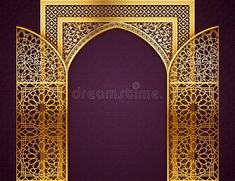 an arabic style golden arch on a purple background with intricate patterns and gold trimmings