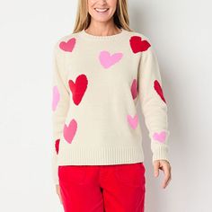 Spread love wherever you go with this sweet heart-patterned pullover sweater from the St. John's Bay women's collection. Crafted from soft cotton-knit, it has a regular-fit, a crew neck, and long sleeves. Pair it with jeans for casual outings or dress it up with a cute skirt. Closure Type: Pullover HeadFit: Regular FitNeckline: Crew NeckSleeve Length: Long SleeveSleeve Style: Fitted SleeveApparel Length: 24 InchesFiber Content: 51% Cotton, 18% Nylon, 18% Polyester, 13% AcrylicFabric Description: Love Core, Cardigans Women, Fun Clothes, Womens Sweaters, Warm Sweater, Long Sleeve Pullover Sweater, Small Sweater, Cute Skirt, Sweater Collection