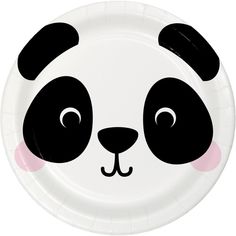 a paper plate with a black and white panda bear face on it's side