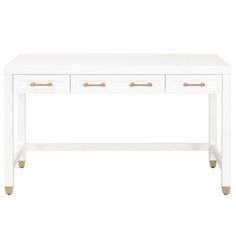 a white desk with two drawers and gold handles on the bottom, against a white background