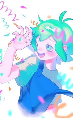 a drawing of a boy with green hair and blue eyes holding his hand up to his ear