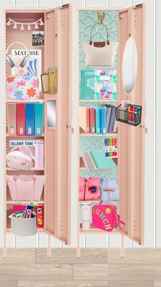 two open pink lockers filled with books and other items