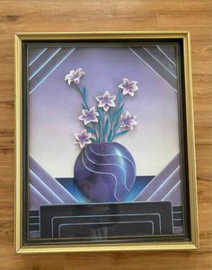 a painting of flowers in a blue vase on a wooden wall above a shelf with a mirror