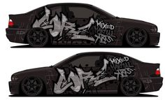 the side and back view of a car with graffiti on it