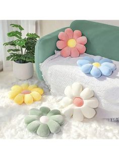 [PROPER SIZE]You will receive 3 decorative pillows in different colors, The size is about 14 inches/36 cm, which can meet your daily needs, The size is suitable for people to sit as cushions, hold as pillows, and they do not take up too much space when not in use.[RELIABLE MATERIAL]Our flower chair cushion is made from short plush and velvet material, so they are soft and fluffy, tightly stitched, and comfortable to sit on for hours on end; Before using, please take it out and place it still for Daisy Pillow, Daisy Pillows, Sunflower Throw Pillows, Girly Room Decor, Pillow Flower, Sunflower Pillow, Daisy Petals, Office Mat, Hug Pillow