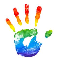 a colorful hand print on a white background