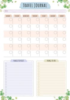 a printable travel planner with flowers and leaves on the side, in pastel colors