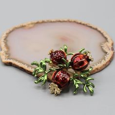 This Is A Brand New Pomegranate Shaped Pin And Its Approximate Measurements Are: 1-3/4" X 2". The Finished Weight Of The Pin Is 16 Grams. Br0301 Pomegranate Brooch, Pomegranate Jewelry, Pomegranate Fruit, Brooch Jewelry, Green Gold, Pin Brooch, Fresh Fruit, Pomegranate, Green And Gold