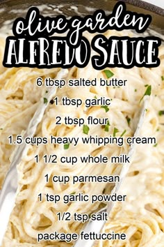 the recipe for homemade alfredo sauce in a skillet