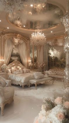 a fancy bedroom with chandeliers and flowers on the bed, in front of a large mirror