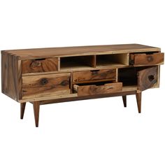 the sideboard is made out of wood and has drawers on one side, and two open compartments on the other